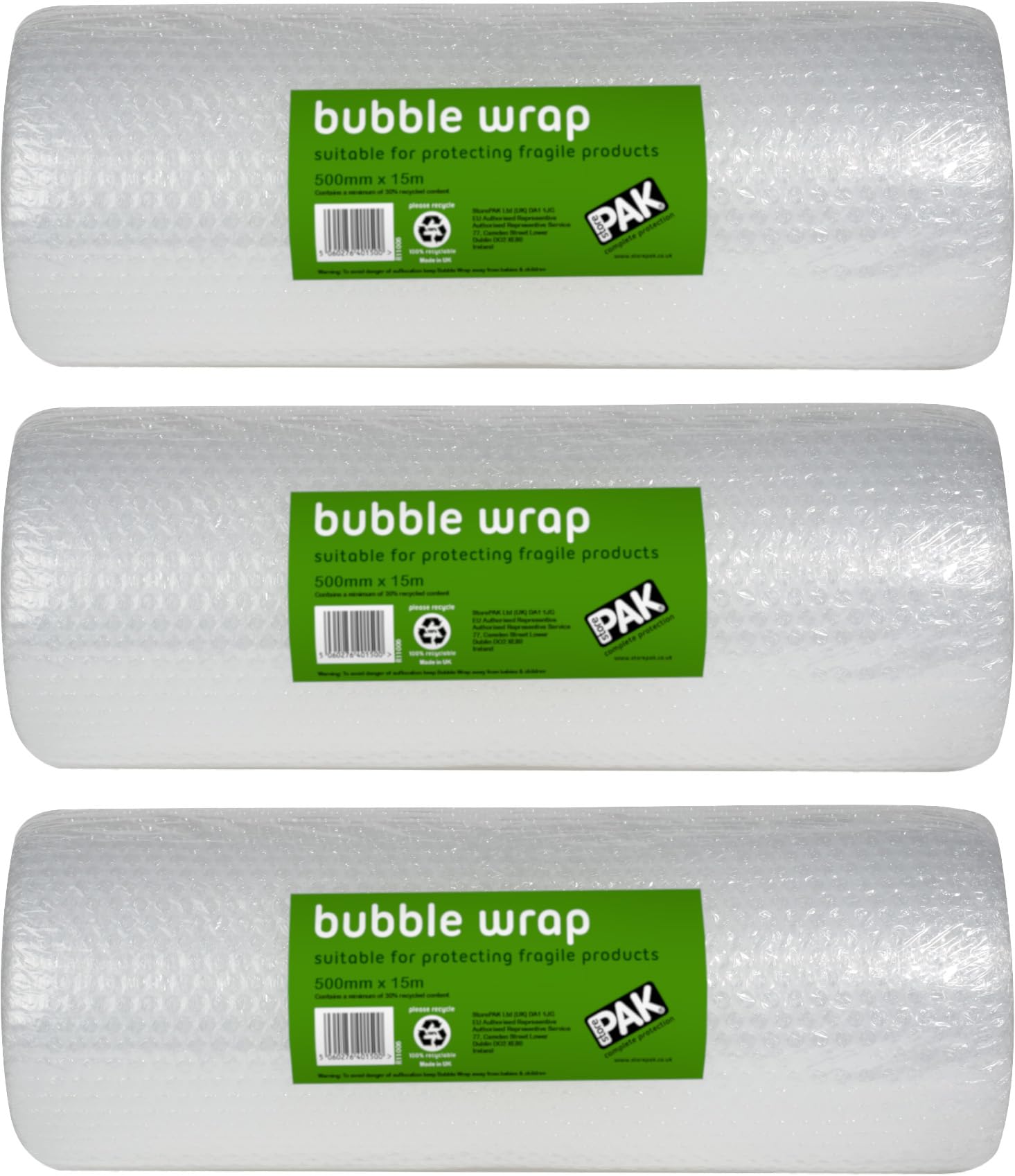 StorePAK 500mm x 15m (3 Pack) Bubble Wrap Roll for Packing Storage and Moving - New Improved Stock