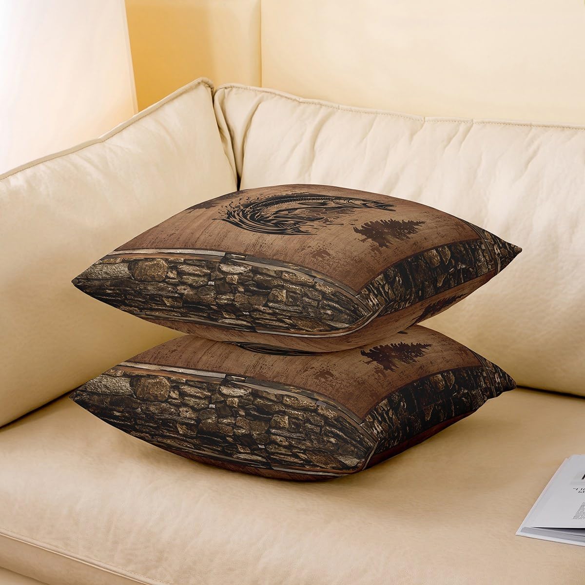 Feelyou Fish Throw Pillow Covers 24"x24" Set of 2 Fish Hunting Decorative Throw Pillowcase Room Bass Big Fish Pillow Case Cushion Cover Farmhouse Rustic Cabin Country Brown Cushion Case