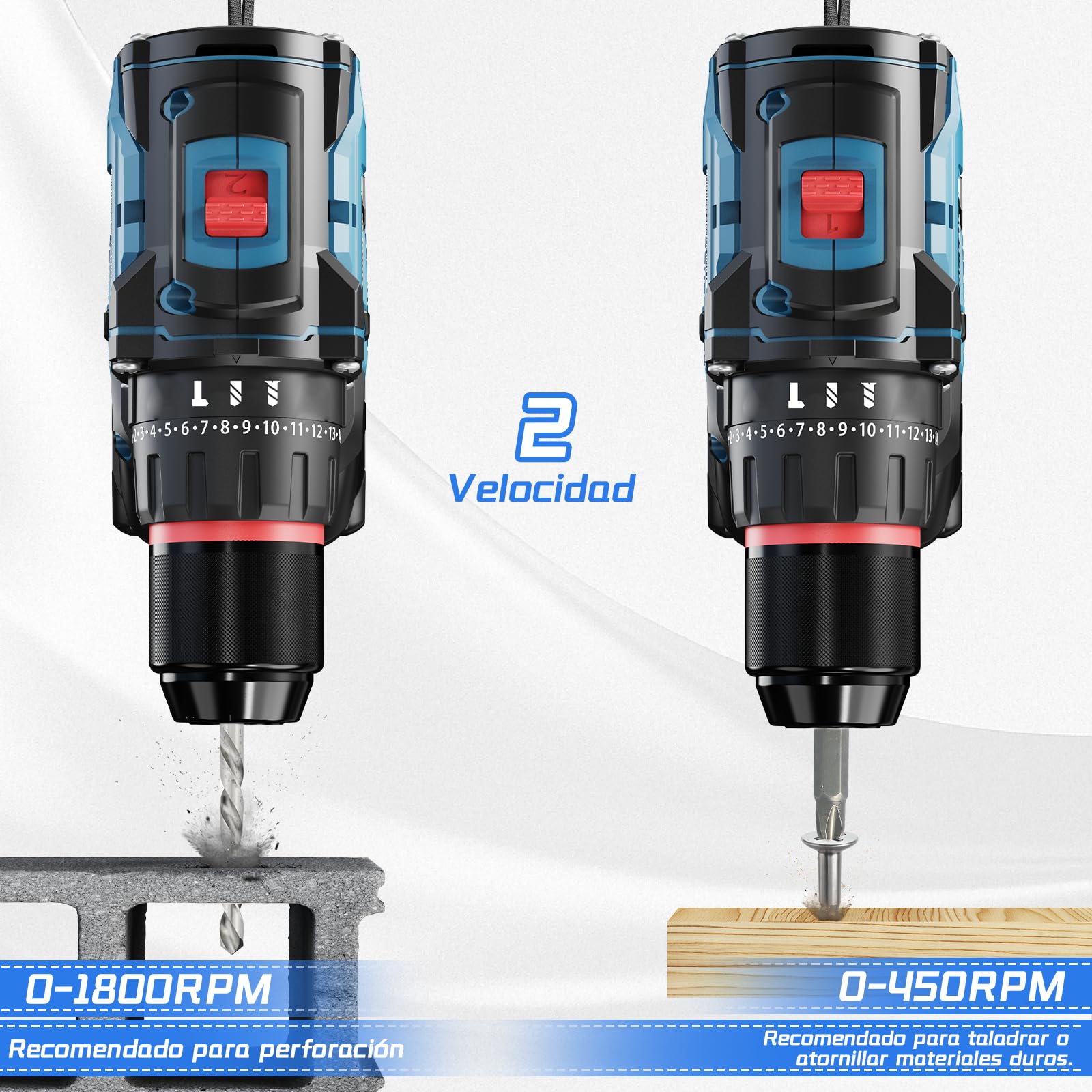 Taladro Percutor a Bateria 21V, Brushless Taladro atornillador batería con 4000mAh Baterías, 50 Nm, 20+3 posiciones de par (2 Velocidad y LED) Adecuado para bricolaje en casa y jardín