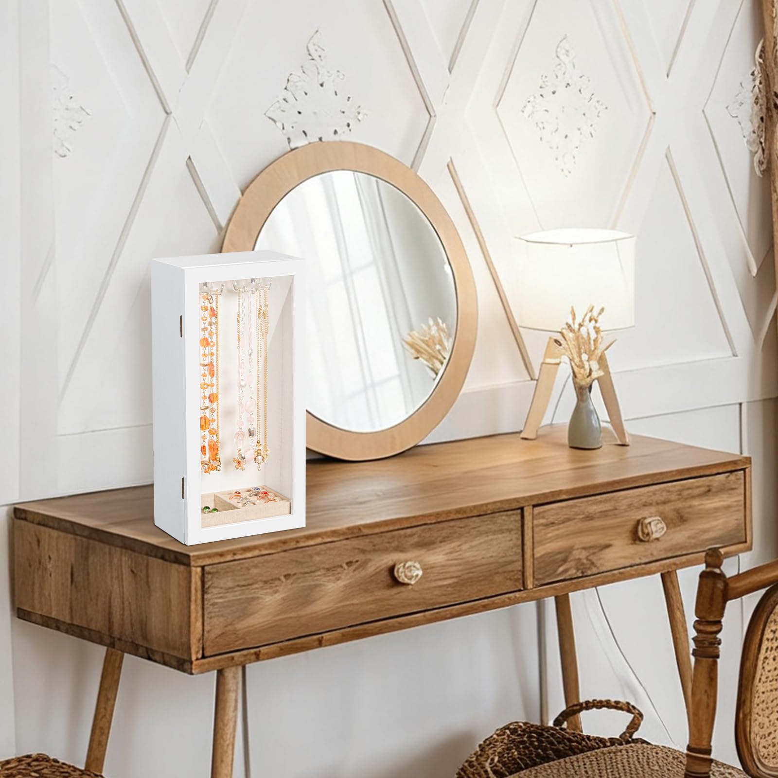 Porte colliers, présentoir bijoux en bois pour femmes, boîte de rangement rotative avec plateau à bagues, présentoir et rangement pour colliers, bracelets, bagues（Blanc）