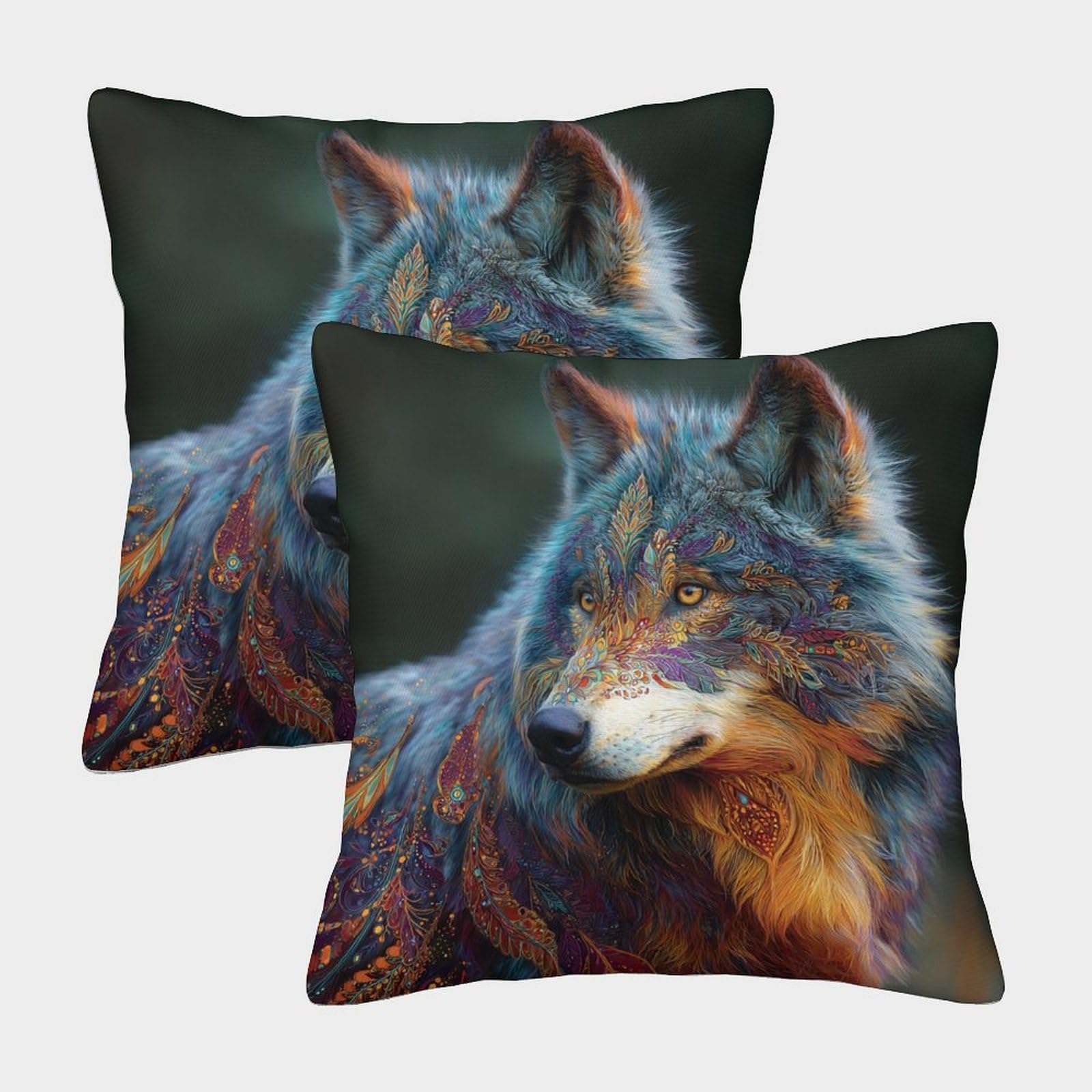 kaiyun 2 Pack A Beautiful Gray Wolf, Bohemian Style Pillow Case Home Decoration Sofa Cushion Cover 40x40cm