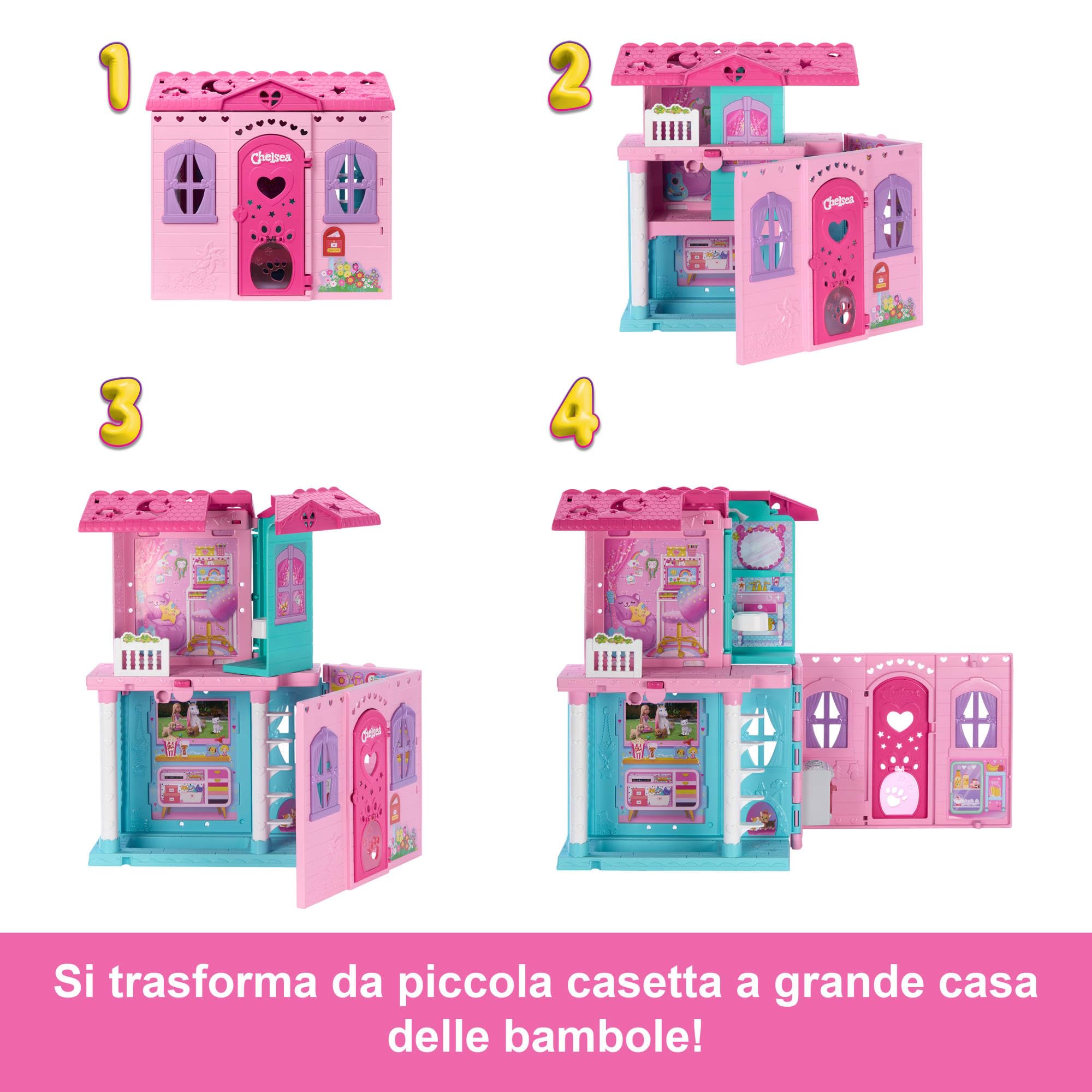 Barbie - Chelsea Casa a Scomparsa, set con 5 aree di gioco e scivolo, mini bambola Chelsea, cagnolino e 15 accessori a tema inclusi, giocattolo per bambini, 3+ anni, JFW49