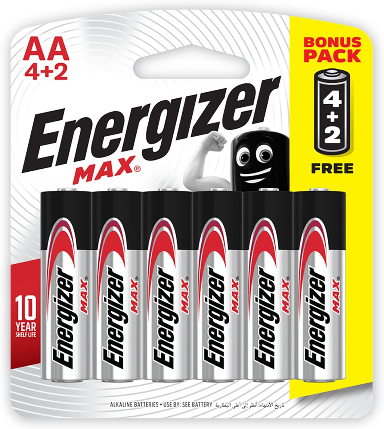 Energizer Max Alkaline AA Batteries - Long-Lasting 1.5V Power, Leak-Proof Design, Pack of 4+2