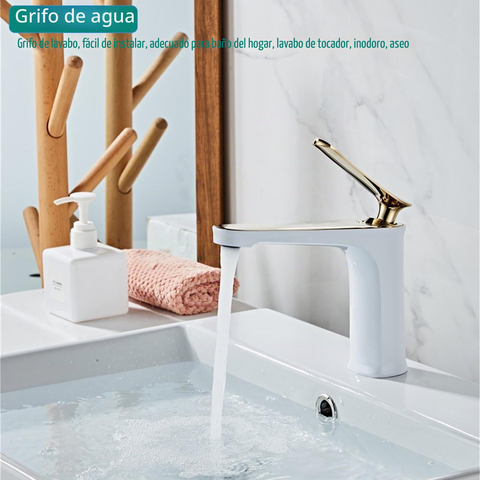Grifo, blanco + dorado G1/2 totalmente de cobre, grifo de lavabo de un solo orificio, moderno grifo de agua de mezcla fría y caliente, accesorio de baño