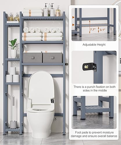 Miniatura 4 de Homde Almacenamiento sobre el inodoro con cesta y cajón, organizador de baño de bambú con estante ajustable y almohadilla impermeable para pies,