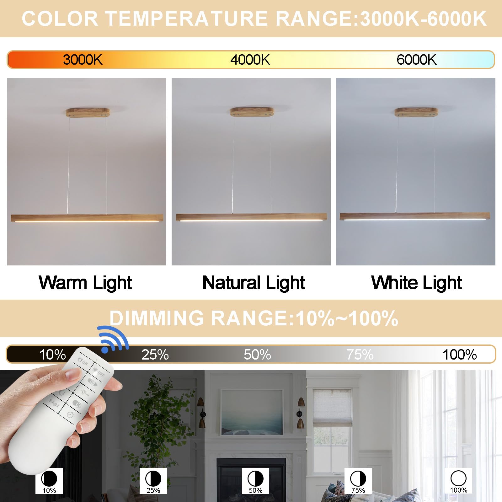 Naturalna liniowa lampa wisząca 100 cm drewno Led oświetlenie liniowe Ściemnialne żyrandole do jadalni z pilotem Żyrandol liniowy