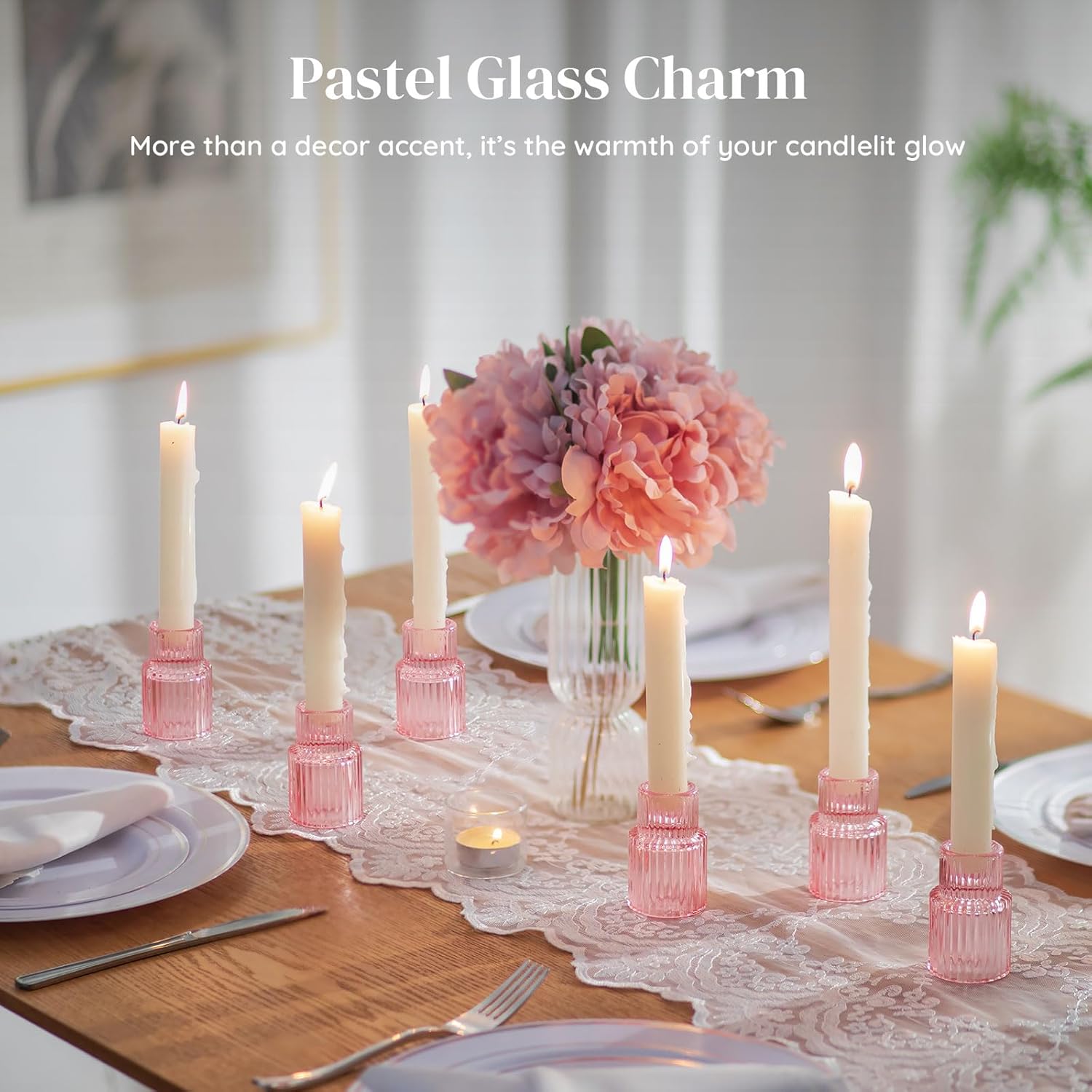 glasseam glass tapered candlestick holders: 20 pcs ribbed pink candle sticks holder decor modern fluted taper candle holders bulk for table centerpiece pink wedding decor valentine dinner parties pink 20