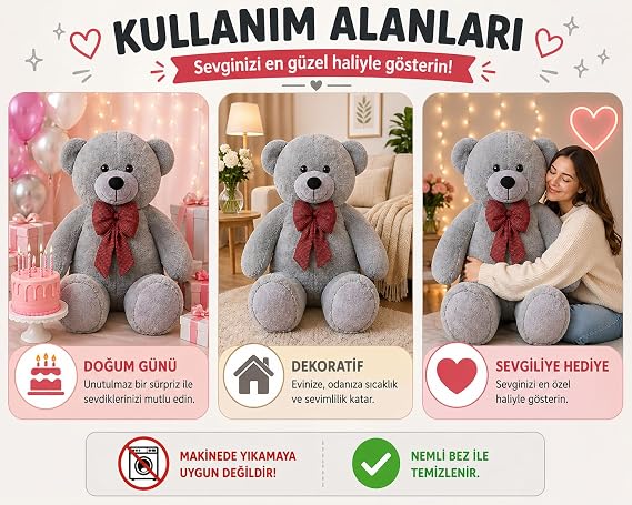 Gri Papyonlu Pelüş Ayıcık,Yumuşak ve Sevimli Büyük Boy Oyuncak Ayı,Sarılmalık Sevgiliye Hediye Büyük Boy Ayı (130cmGri)