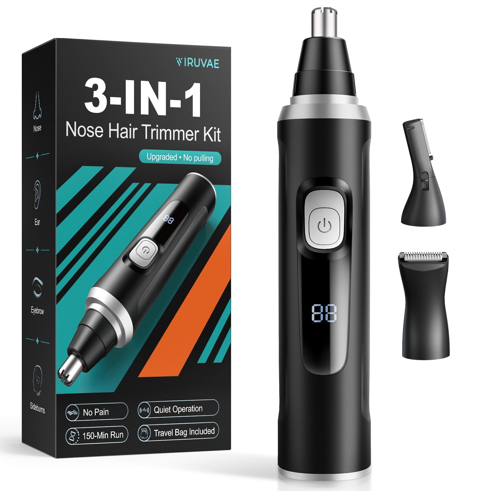 Nasenhaartrimmer Herren: IRUVAE innovativer Hochdrehmoment-Motor für ziepfreies und schmerzfreies Trimmen - 3-in-1 Nasenhaarschneider Ohrhaartrimmer & Augenbrauen Trimmer Set mit Doppelschneideklingen