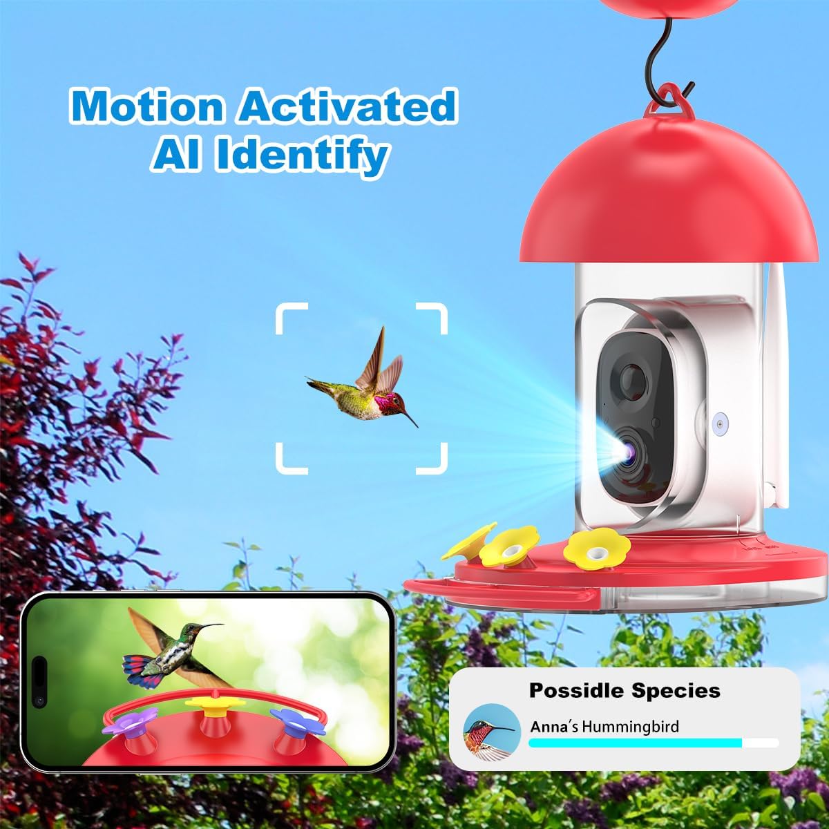 Hummingbird Feeder with Camera, Smart Humming Bird Feeder Camera Solar Powered, AI Identify and Instant Notifications, 2K Live View, Auto Record Video, Ant and Bee Proof,Ideal Gift for Bird Lovers - Image 2