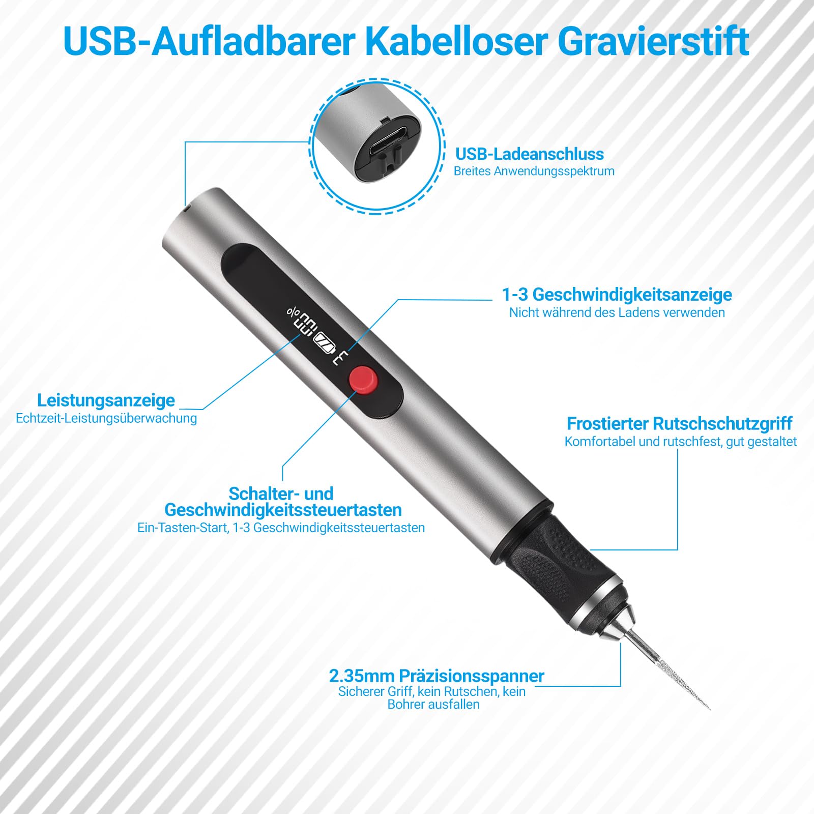 Gravierstift – Kabelloser elektrischer Gravur Stift mit 30 Bits, tragbarer Gravierstift für über 50 Materialien, wiederaufladbares Design für Künstler und DIY-Anwender