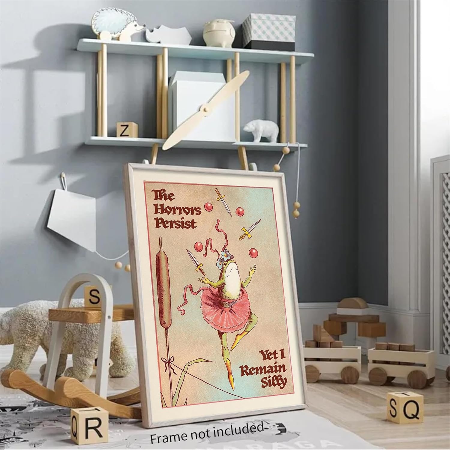 WIUHIO Funny Juggling Frog Wall Art Whimsical Dancing Animal Poster Vintage Fantasy Aesthetic Canvas Prints for Office Bedroom Living Room Wall Decor 12X16 inch Unframed