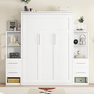 MERITLINE Full Murphy Bed with Storage Drawers,LED Lights and Storage Bo...