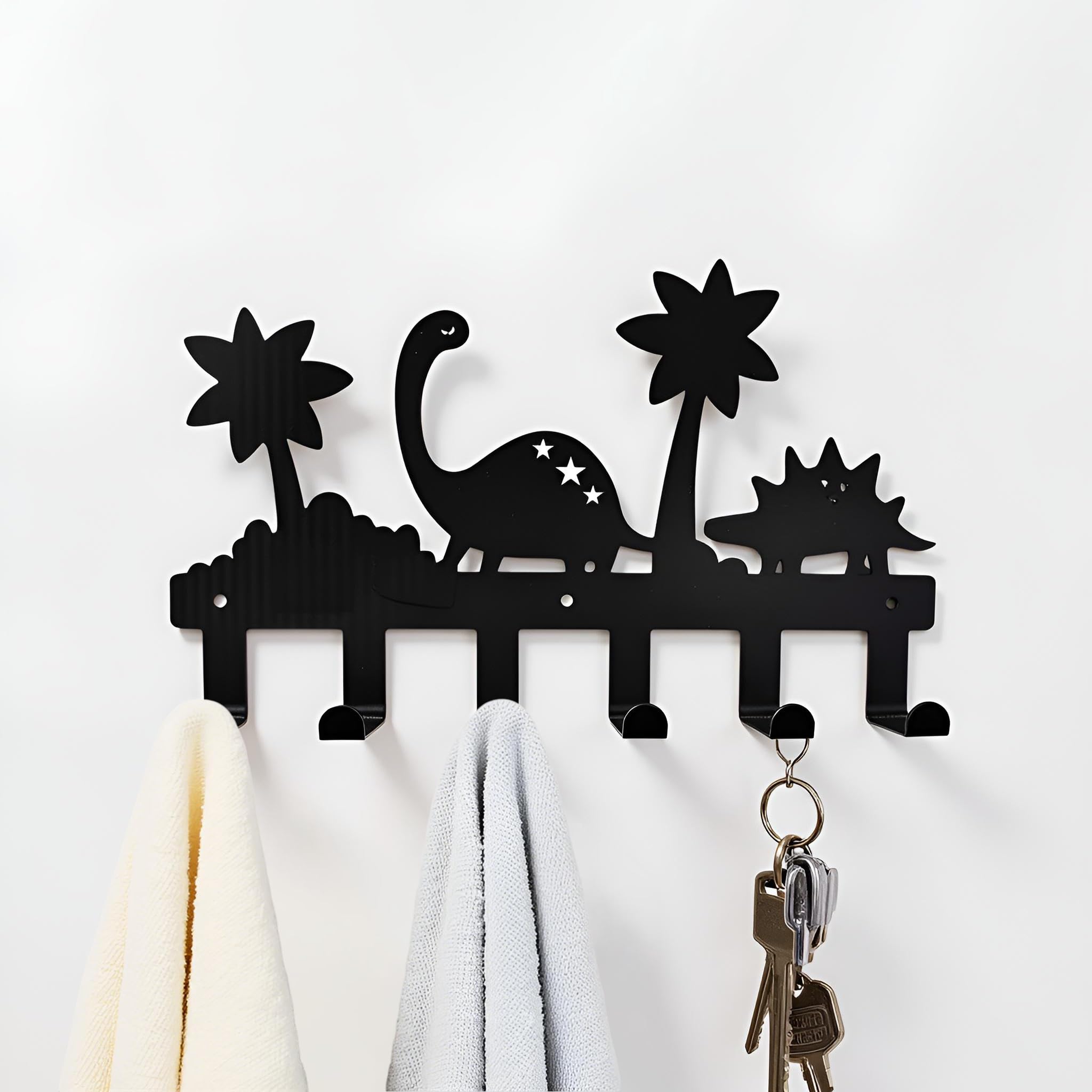 Dino-Kinder-Garderobenhaken | Porte-manteau mural pour enfants avec 6 crochets | Porte-vêtements et porte-clés universel pour chambre d'enfant | Acier inoxydable (40 cm, Noir) | Entrée & garde-robe