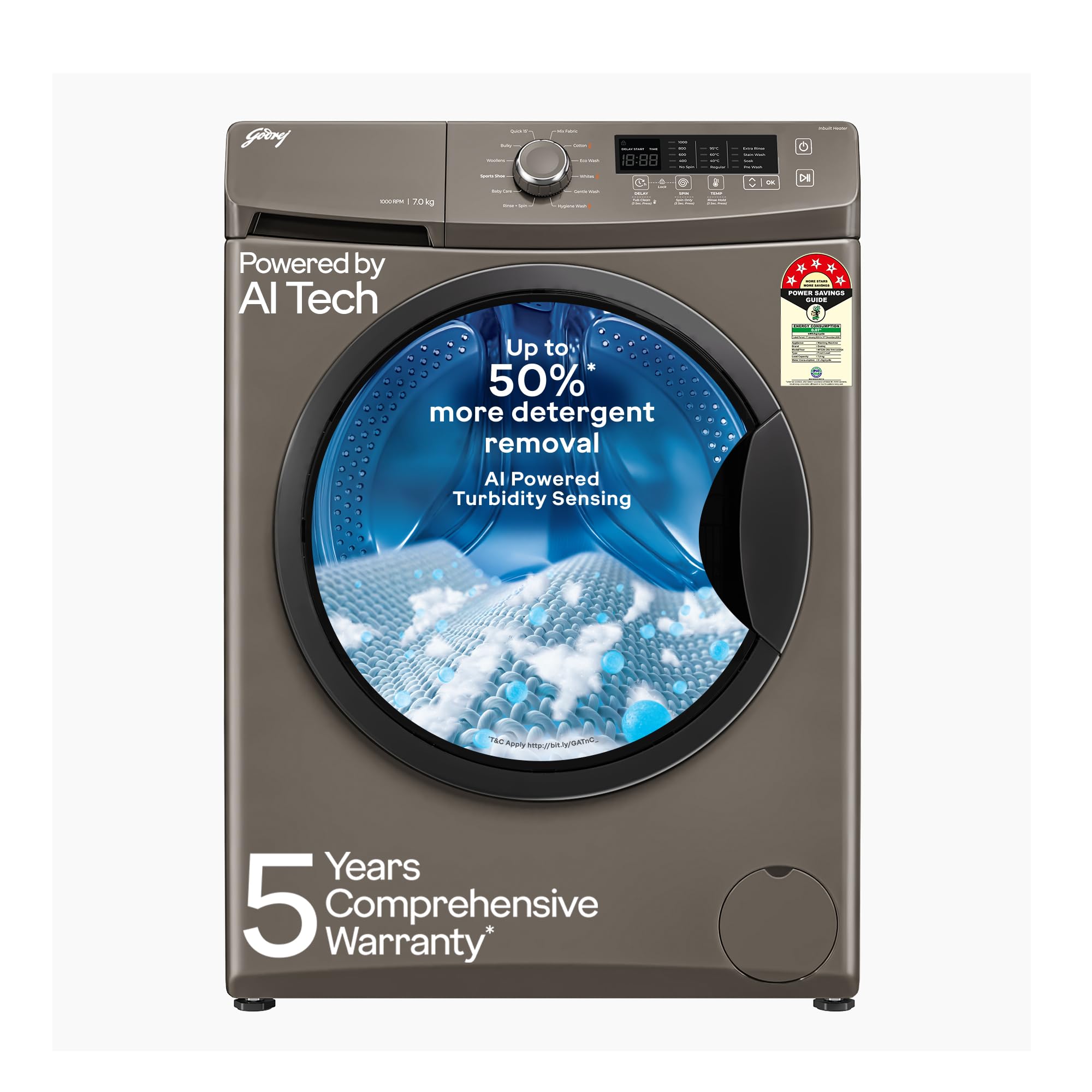 Godrej 7 Kg 5 Star, AI Powered, FabriSafe Drum, 65% Water Saving, Fully Automatic Front Load Washing Machine (WFEON CRS 7010 5.0 FKEDM CNGR, Candy Grey)-image-4