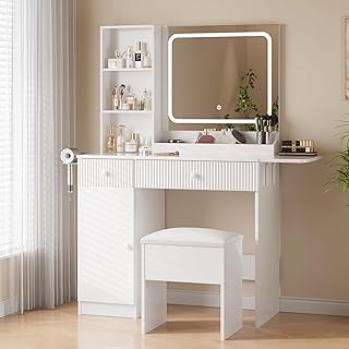 Vanity Desk with Mirror and Lights, Makeup Vanity Power Outlets Makeup Table with Drawers & Cabinet, Storage Stool, Dressing Table for Bedroom, White