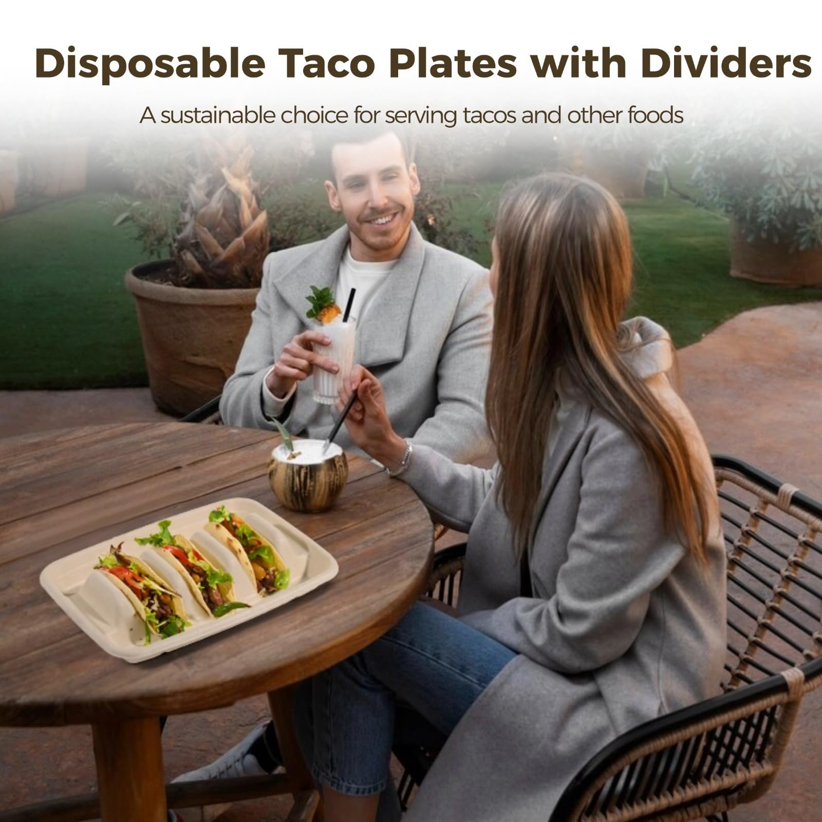 50 piatti usa e getta per tacos con divisori, biodegradabili, a 3 sezioni, per catering e feste