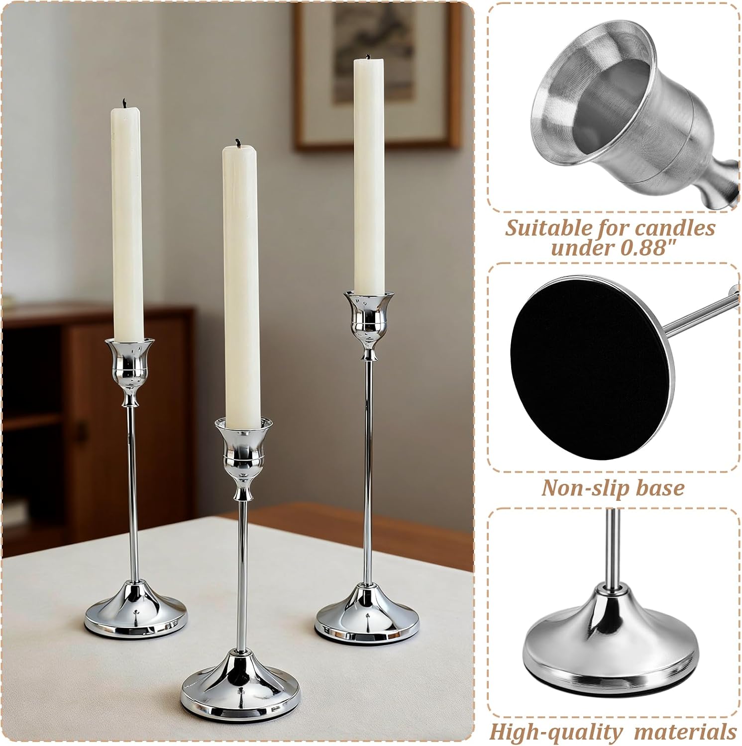 15 Pcs 3 Sizes Silver Taper Candle Holders, Decorative Candlestick Holder Metal Candle Stand Candlestick Holder Set for Home Decor Mother's Day Wedding Dinning Party Anniversary