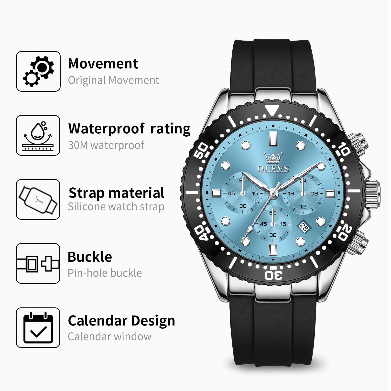 OLEVS Orologio da polso da uomo al quarzo con cinturino in silicone