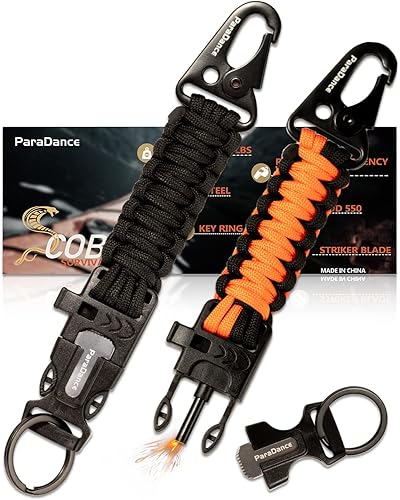 Survival Keychain Fire Starter wFlint Striker Paracord Whistle Keyring for Hiking Camping Fishing Hunting