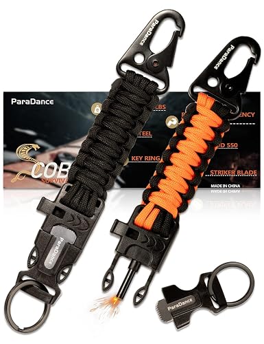 Survival Keychain Fire Starter w/Flint Striker Paracord Whistle Keyring for