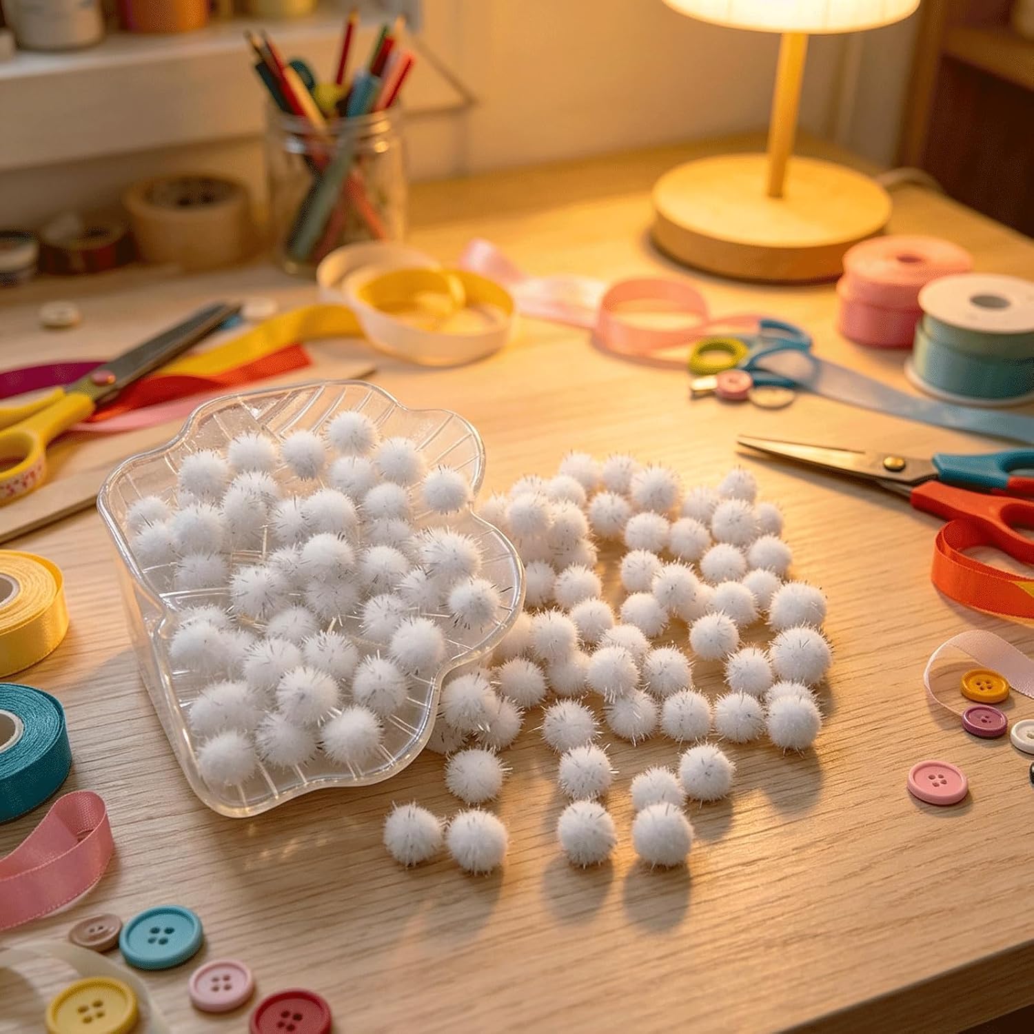 200PCS White Glitter Pom Poms, Sparkle Craft Balls for DIY Decor
