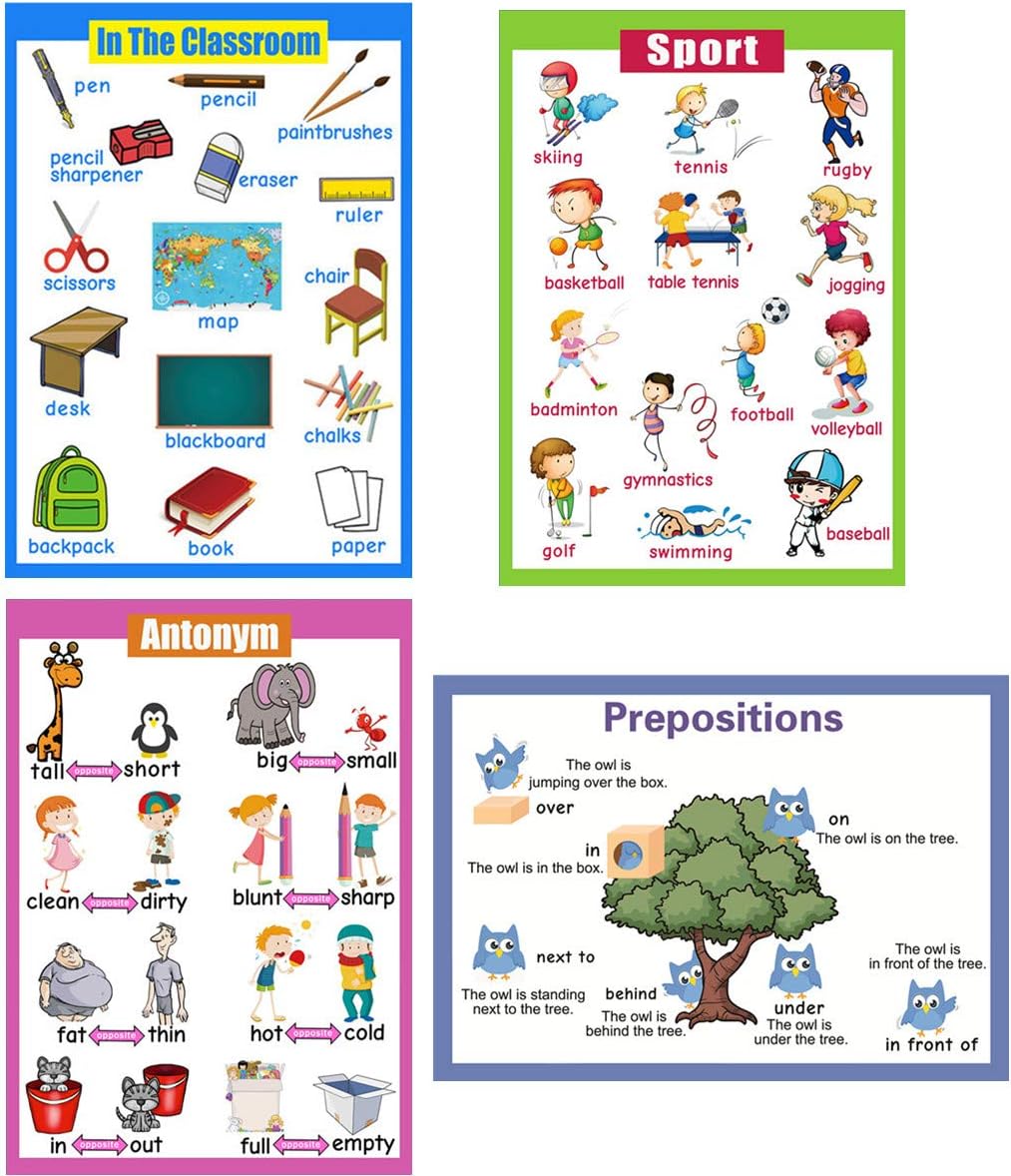 SANTSUN 4 Educational Preschool Posters | Educational Wall Charts | school decorations classroom organization for Kindergarten-42x60cm(17x24 inch)– sports,classroom supplies,prepositions,antonyms