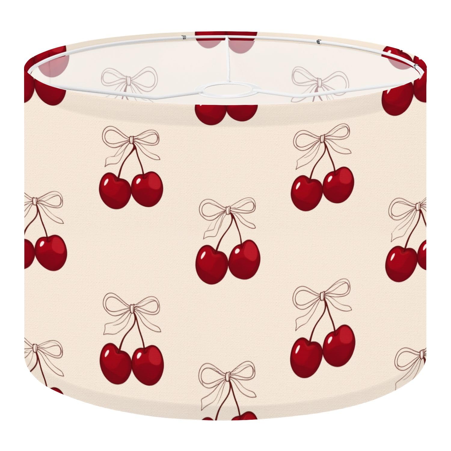 Fabric Round Drum Lamp Shade Red Cherries Bows Soft Beige Vintage Medium Linen Decorative Assembly Replacement Lampshades 13inch Set of 1 for Table Lamps, Floor Lamps,Ceiling Lamp