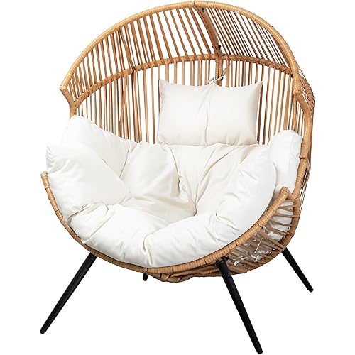 Vongrasig Comfy Wicker Egg Chair, Soft Thick Cushion Rattan Lounge Chair, High Capacity Steel Frame, Reading Chair for Living Room, Bedroom, Dorm Rooms (Beige)