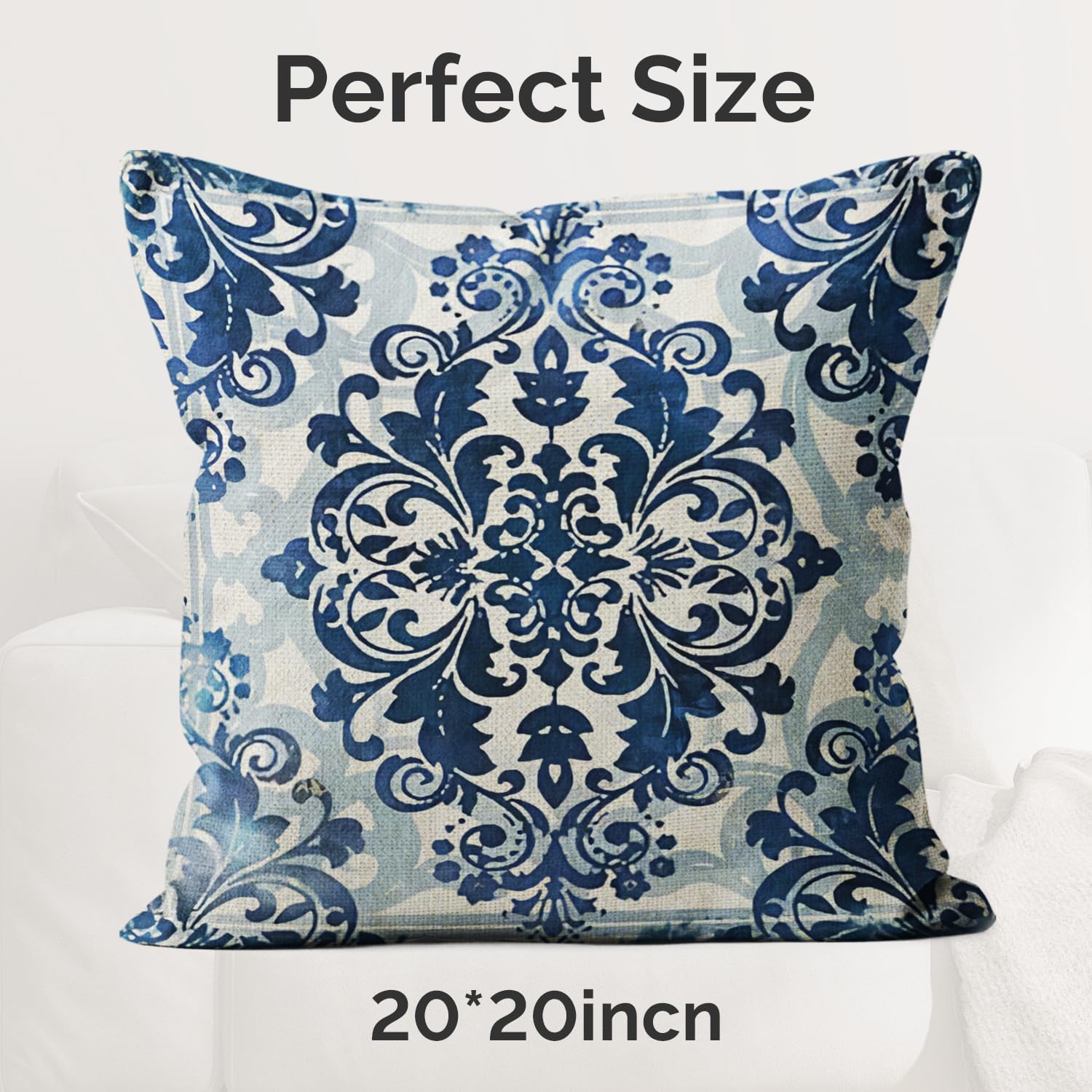 Vintage Blue and White Throw Pillow Covers 20x20 Set of 4, Retro Boho Ethnic Navy Blue Moroccan Tile Mediterranean Decorative Pillow Covers for Home Room, Chinoiserie Decor Pillowcases