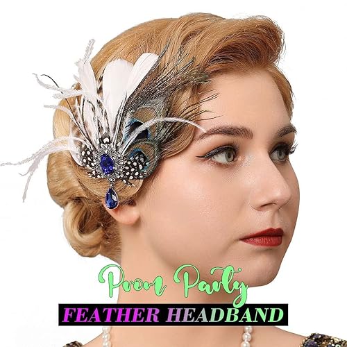 Miniatura 5 de Tocado de plumas de los años 20 con clip de plumas de pavo real, diadema de plumas de diamantes de imitación, accesorios para la cabeza de cóctel