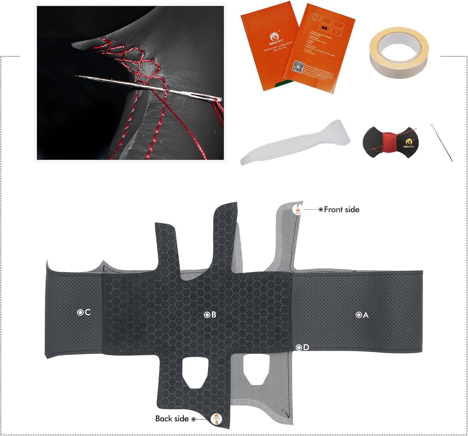 MEWANT Hand Sewn Steering Wheel Cover Wrap for Jeep Gladiator (JT) 2020-2024 / Wrangler (JL) 2019-2024 / Wrangler Unlimited 2018-2023