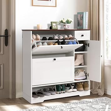 Patiorama Shoe Cabinet w/2 Flip Drawers & Side Cabinet, Freestanding Hidden Shoe Organizer w/Adjustable Shelves, Shoe Rack Cabinet w/Drawer, Farmhouse Shoe Storage Cabinet for Entryway Hallway White