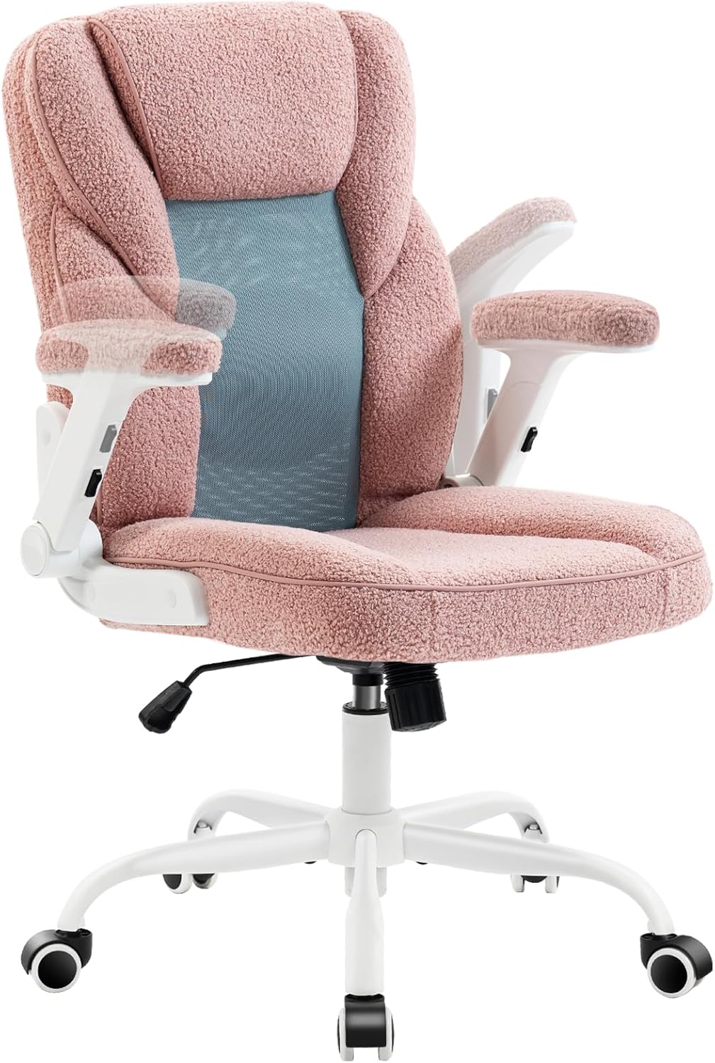 SEATZONE Pink Home Desk Office Chair with Arms and Wheels, Comfortable Executive Computer Chair, Breathable Mesh and Teddy Fleece Fabric Swivel Task Chairs for Women&Girls