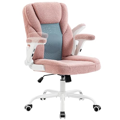SEATZONE Pink Home Desk Office Chair with Arms and Wheels, Comfortable Executive Computer Chair, Breathable Mesh and Teddy Fleece Fabric Swivel Task Chairs for Women&Girls - Faux Fur Pink