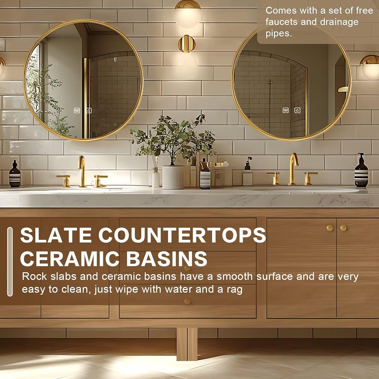 96IN Bathroom Vanity - Retro Bathroom Vanity with Double Sinks Includes Round Mirrors & Symmetrical Cabinets|Exquisite Log Style,Exquisite Handle,LED Smart Defog Mirror