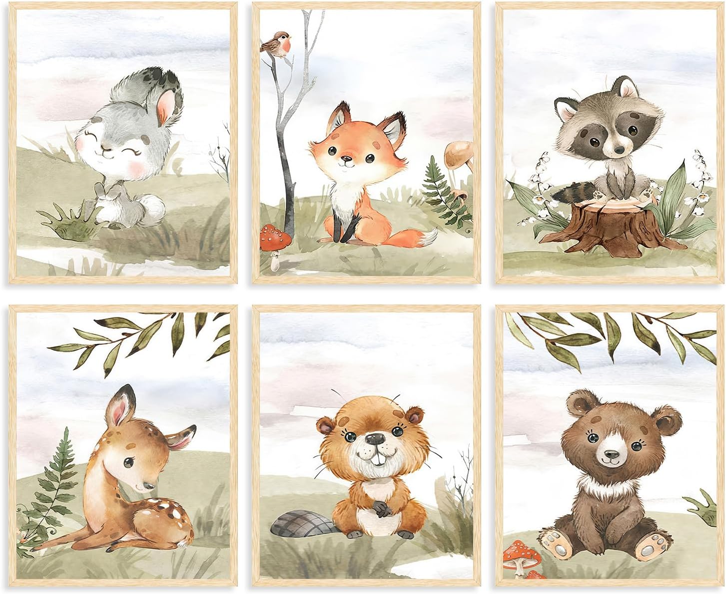 Dazzlewall 6Pcs Animal Nursery Wall Decor, Toddler Kids Room Wall Art Poster Cute Raccoon Bunny Bear Decors for Playroom Bedroom Bathroom, 8×10 in Unframed