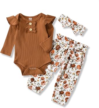 Newborn Baby Girls Clothes Ribbed Ruffled Romper+Floral Pants+Headband Infant Outfit Set