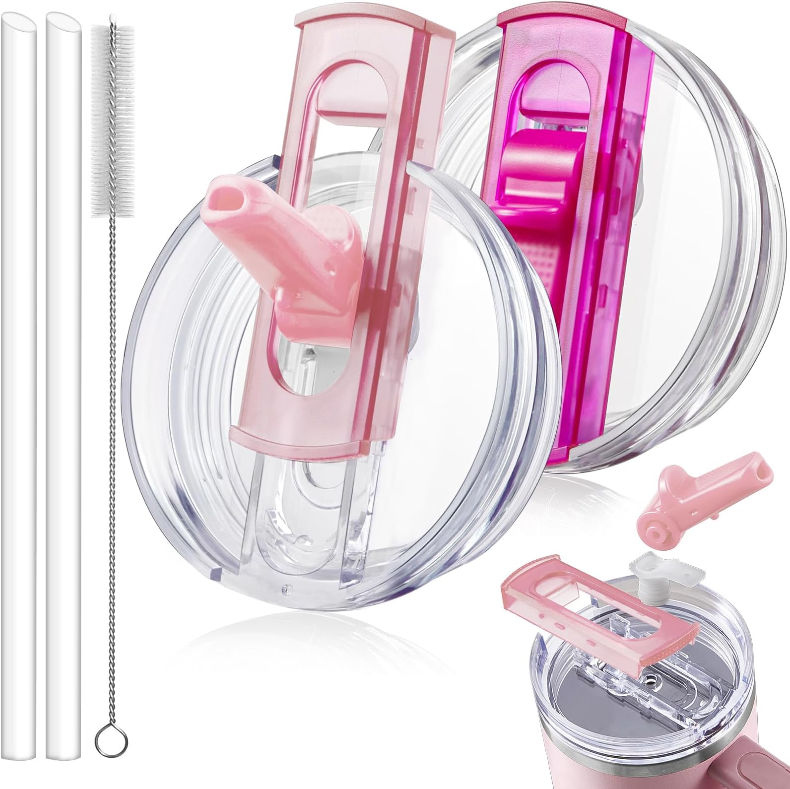 2 Pack Detachable Flip Straw Lid Replacement for 30 oz Stanley Quencher H2.0 & ProTour, Leakproof Spill Proof Lids Straw Cover for Stanley Cup Accessories 30oz, Easy to Clean (Pink, RoseRed)