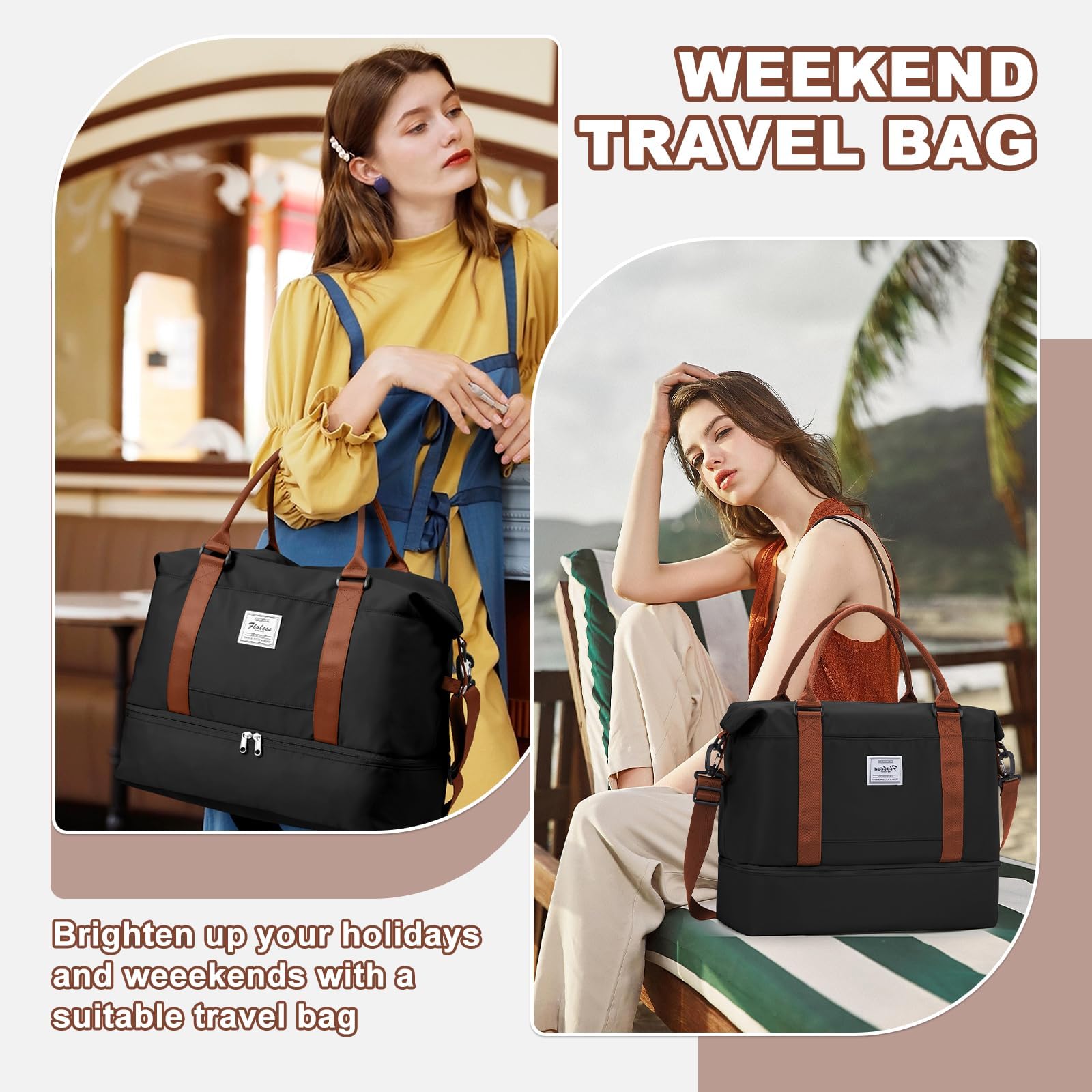 Sac de Voyage 45x36x20 pour Easyjet Bagage à Main Avion Sac Weekend Femme Homme Sacs Cabine Impermeable Sacs de Sport Voyage avec Compartiment à Chaussures Travel Bag,A06-Noir et Marron