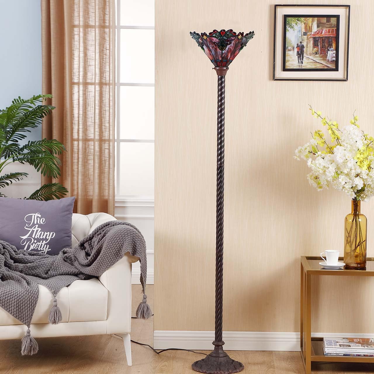Bieye L10682 Baroque 67 inch Tiffany Style Stained Glass Torchiere Floor Lamp with 13 Inch Wide Handmade Lampshade, Metal Base with Dark Brown Baking Finish, Red