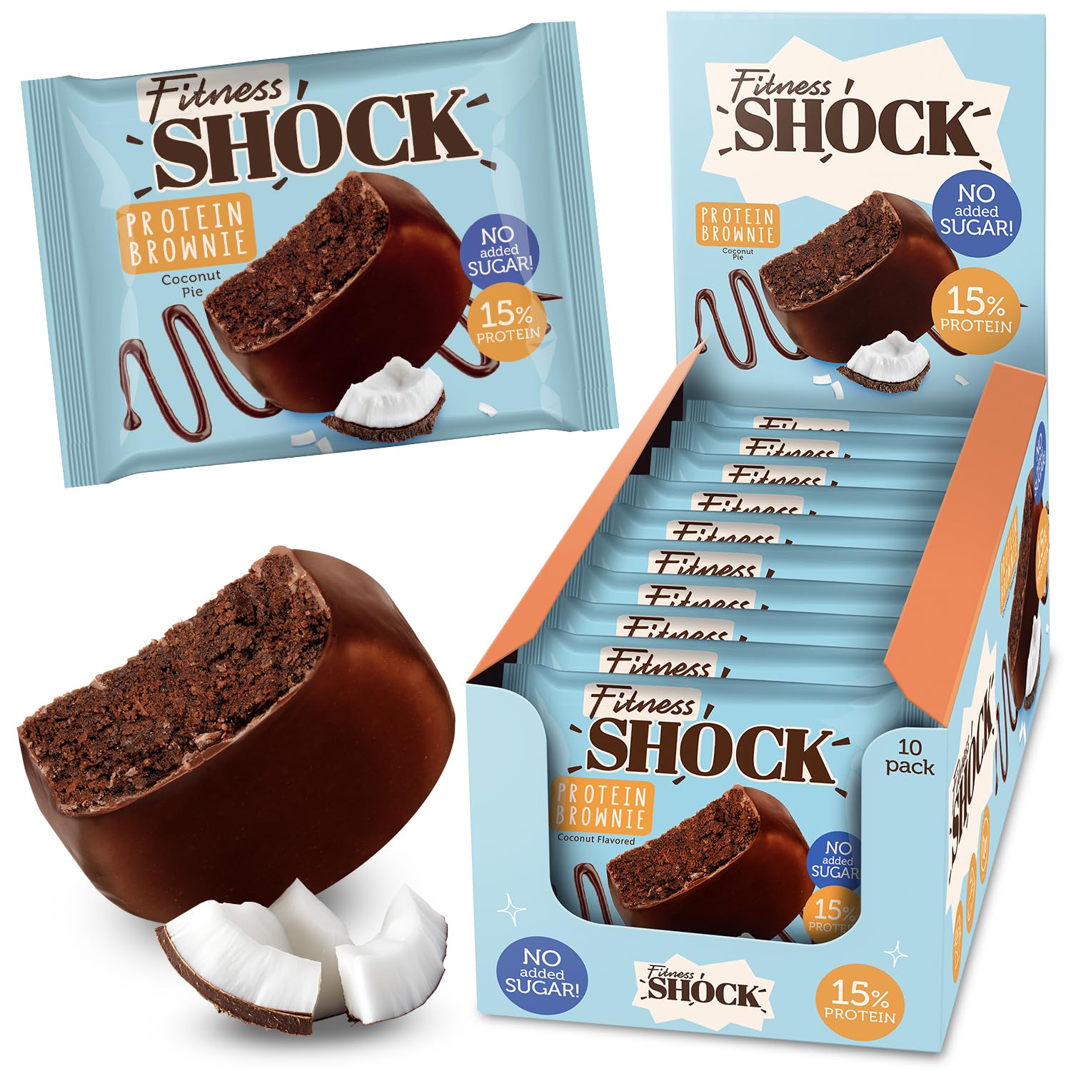 FitnesSHOCK Protein Brownie Snack ohne Zusatz von Zucker, Kekse mit 15% Eiweiß, Dunkle Schokolade, sättigende Ballaststoffe, low carb, weiche Konsistenz, 10 Stück х 50g - Kokos Geschmack