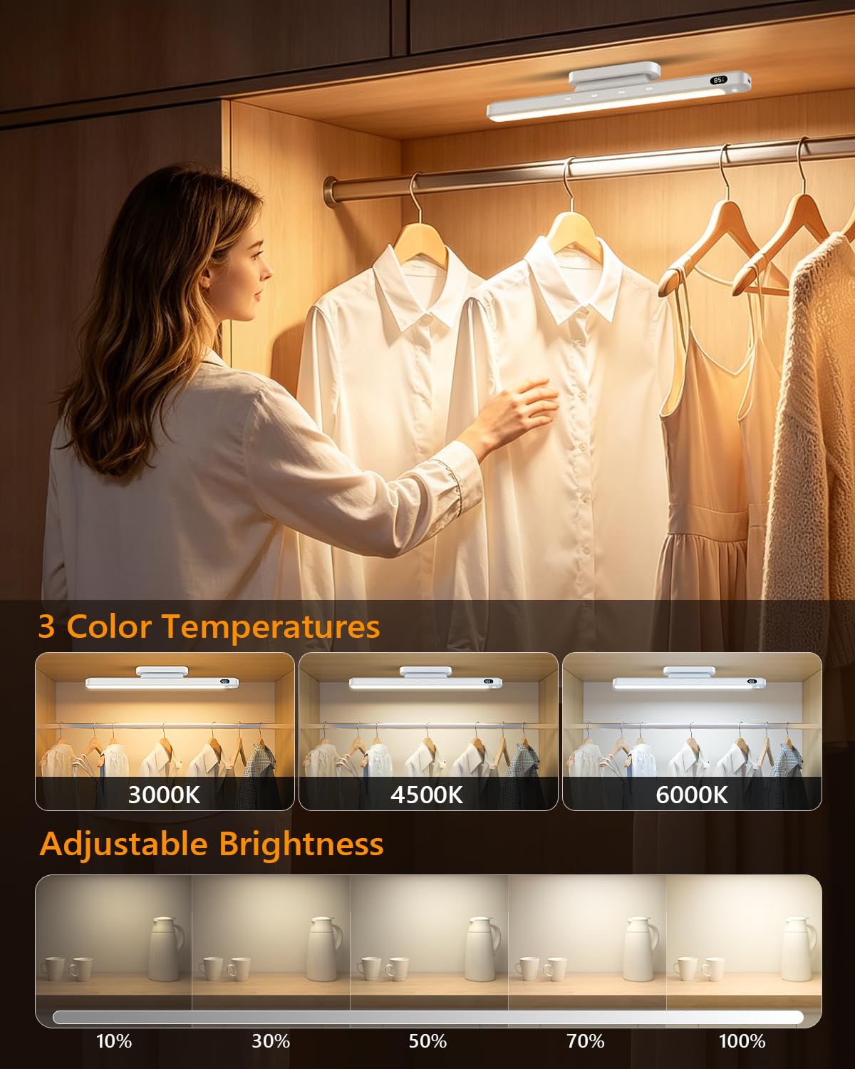 WILLED Luci da armadio da 5 W, sensore di movimento con telecomando, luci a densità di movimento per interni con display del livello della batteria, luce ricaricabile per specchio, luce adesiva per