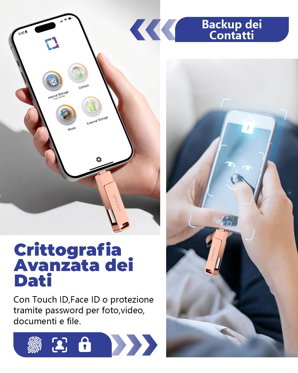 MFi Chiavetta USB 256GB per iPhone, Chiavetta USB C Lightning,Rosa | 3 in 1 Memoria Esterna per iPhone,iPad,Android OTG Smartphone,Mac,PC, USB 3.0 Penna,Pendrive Backup Foto,Video,Capacità Reale