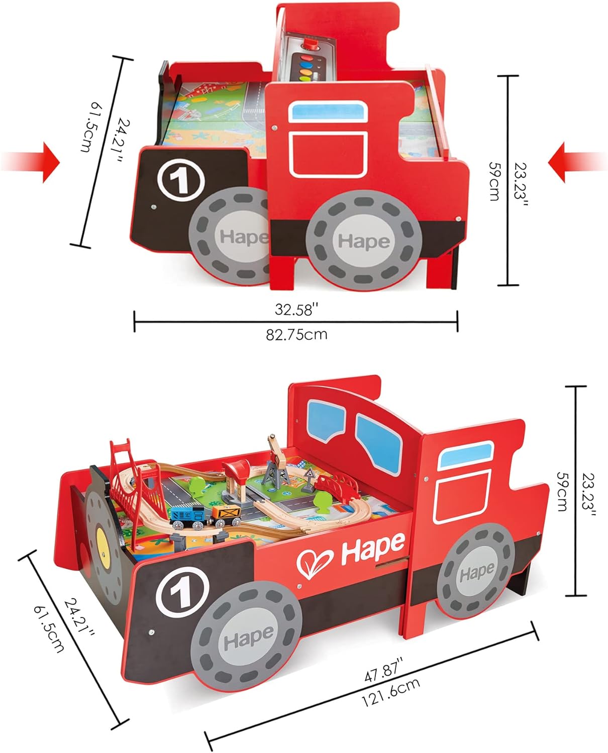 Diagram showing the dimensions of the Hape Busy City Rail Set E3769 in both assembled and folded states.