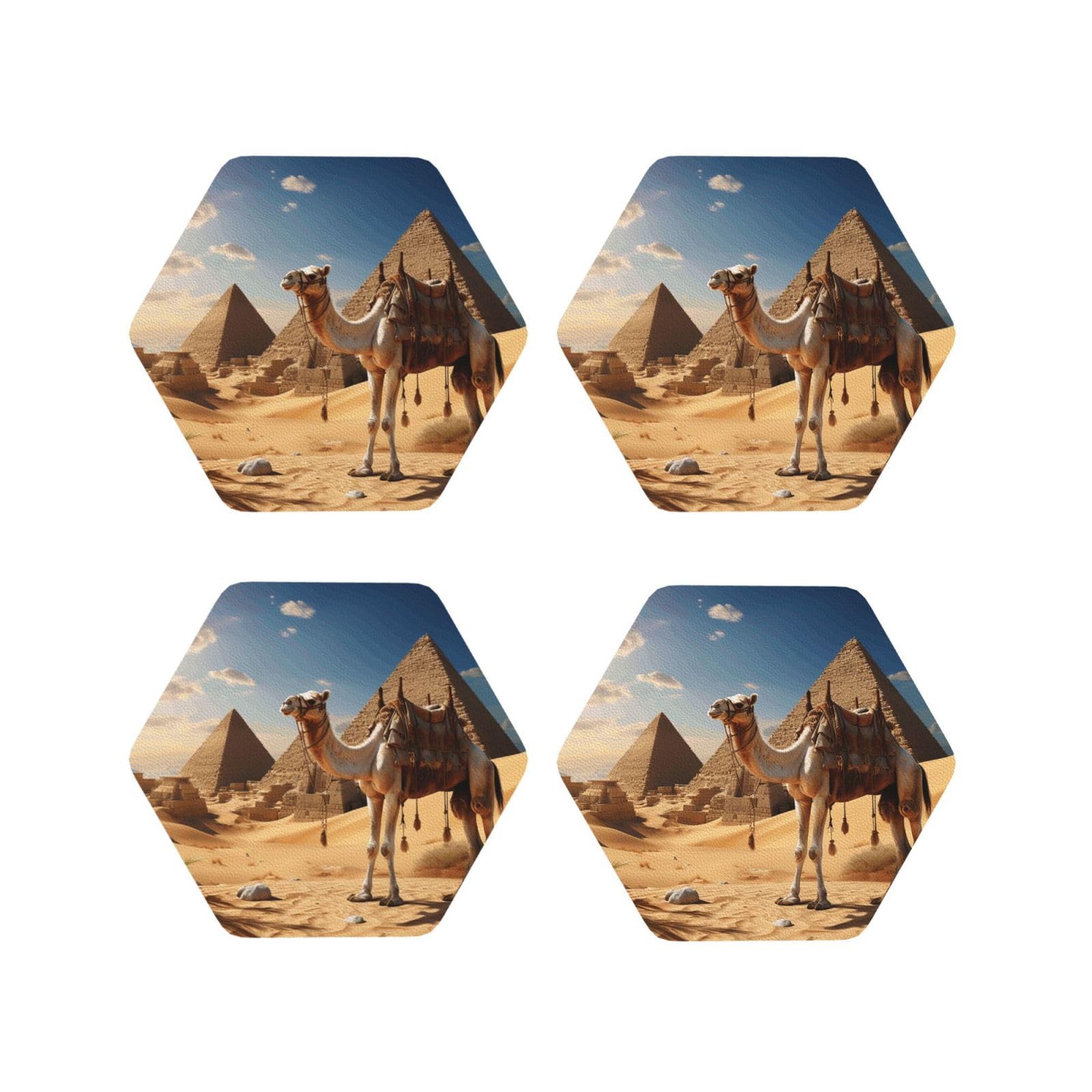 4Pcs PU Leather Coaster for Drinks, Camel Desert Cup Coastersr 4" Cup Mat Pad, Aesthetic Drink Coasters for Coffee Table, Hexagon Coaster for Tabletop Protection