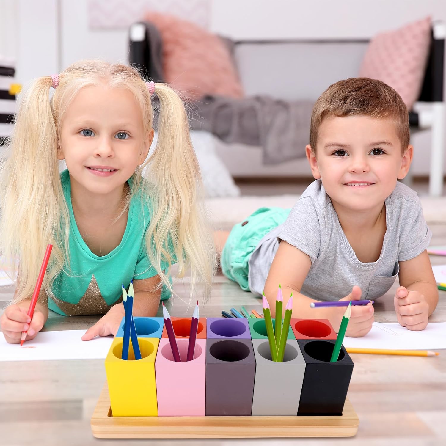Wooden Colored Pencil Organizer, Desk Organizer with 10 Colorful Cups for Home Office School Classroom Markers Crayons Pens Holder Storage (Pencils Not Included)