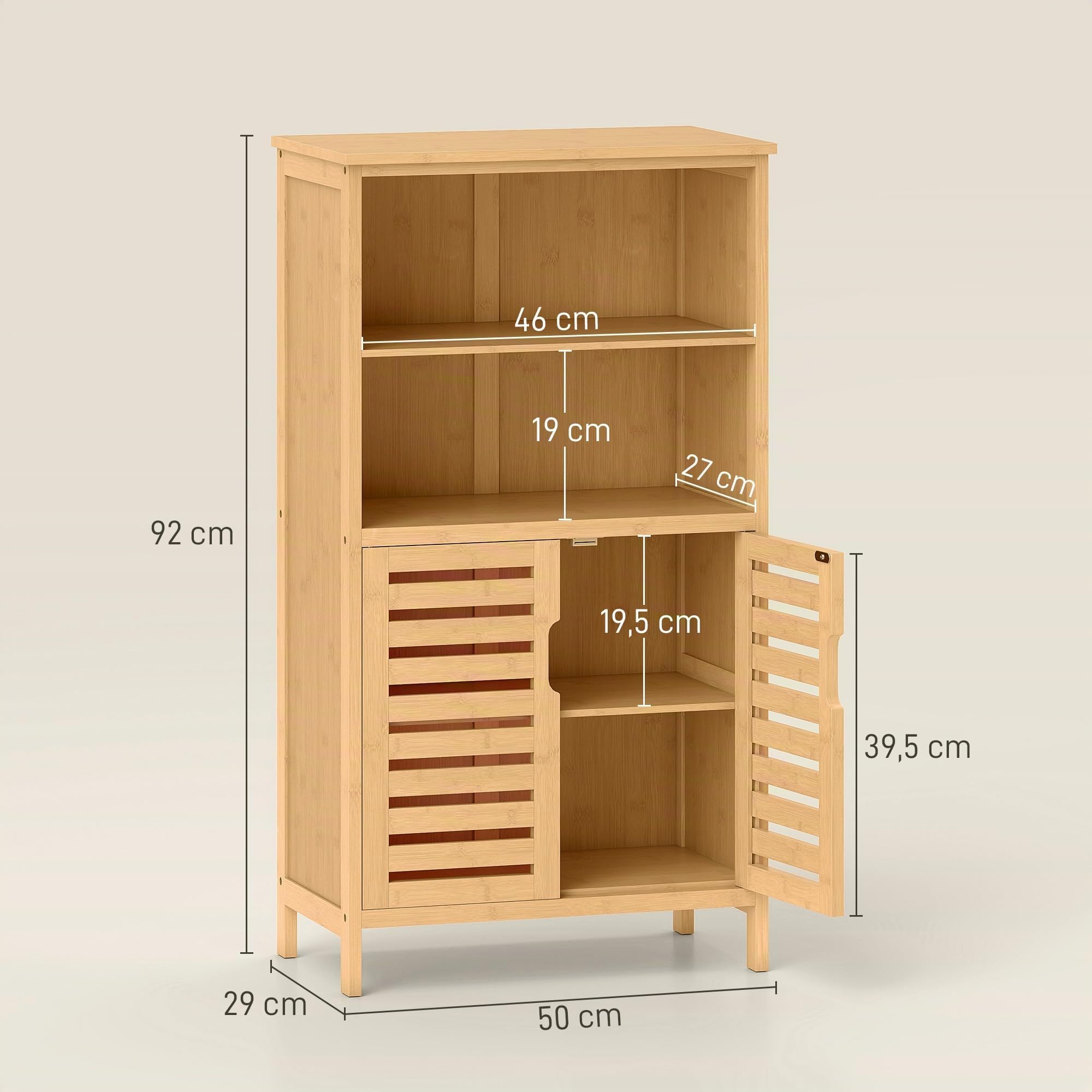 kleankin Mueble de Baño de Bambú Armario de Baño 50x29x92 cm Natural | 2 Puertas, 2 Estantes Abiertos, Patas Elevadas, Antivuelco