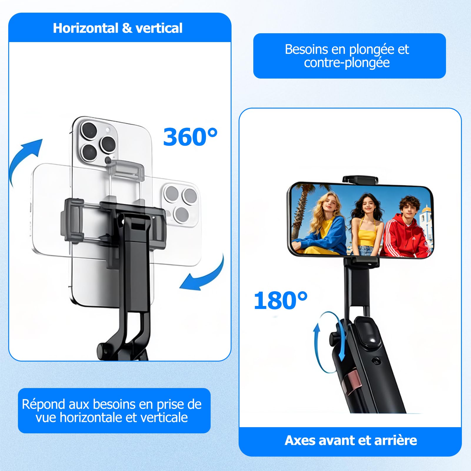 Trépied de téléphone portable pour smartphone - Rotation à 360° - Perche à selfie automatique avec 4 pieds - 160 cm - Avec télécommande - Contrôle par gestes - Pour Vlog Live Stream Travel