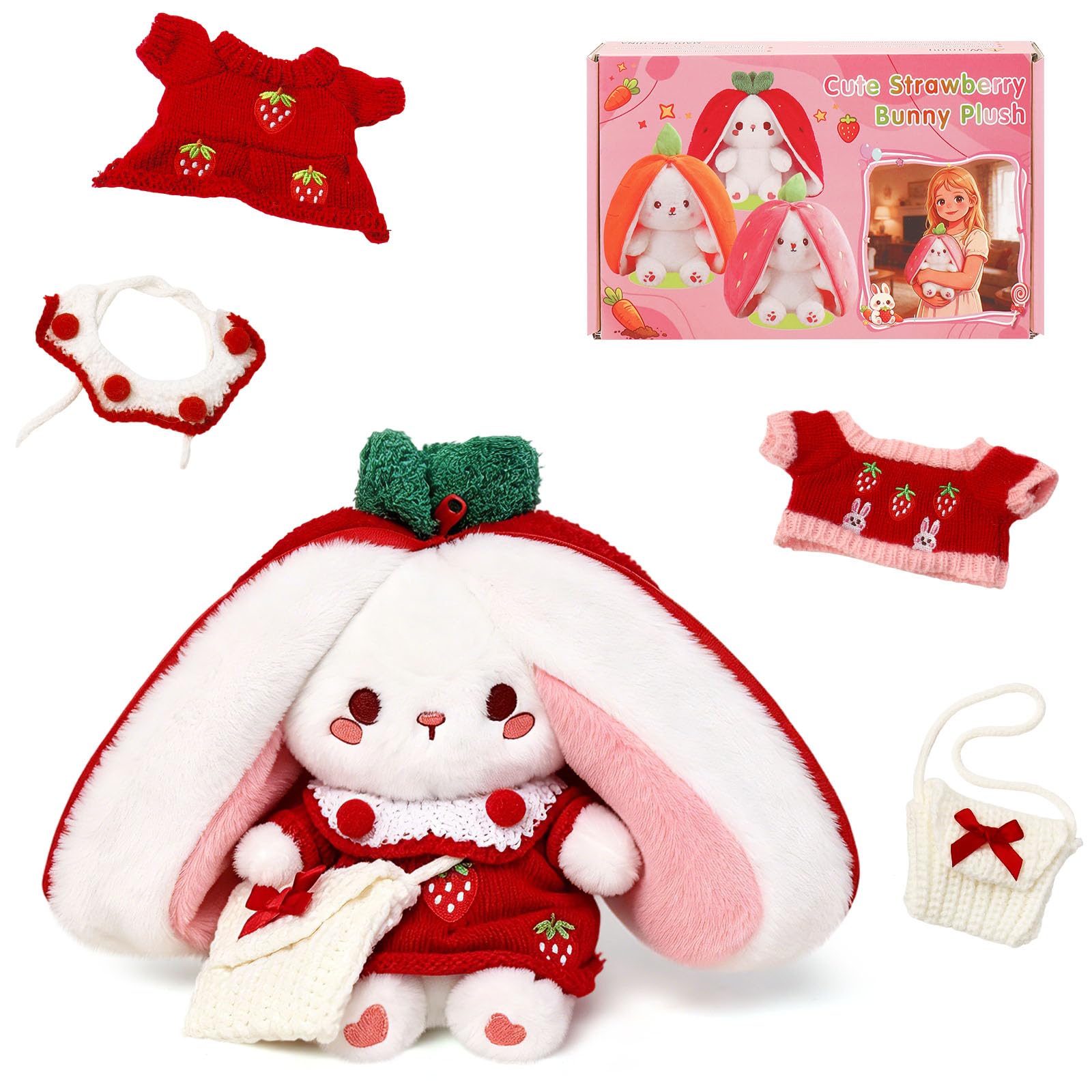 MIAODAM Red Strawberry Bunny Stuffed Animal Clothes Set, Reversible Fruit | Rabbit Plush with Removable Knit Outfit, Scarf&Crossbody Bag, Soft Dress Up Plushie Doll Gift for Toddlers Girls, 7Inch
